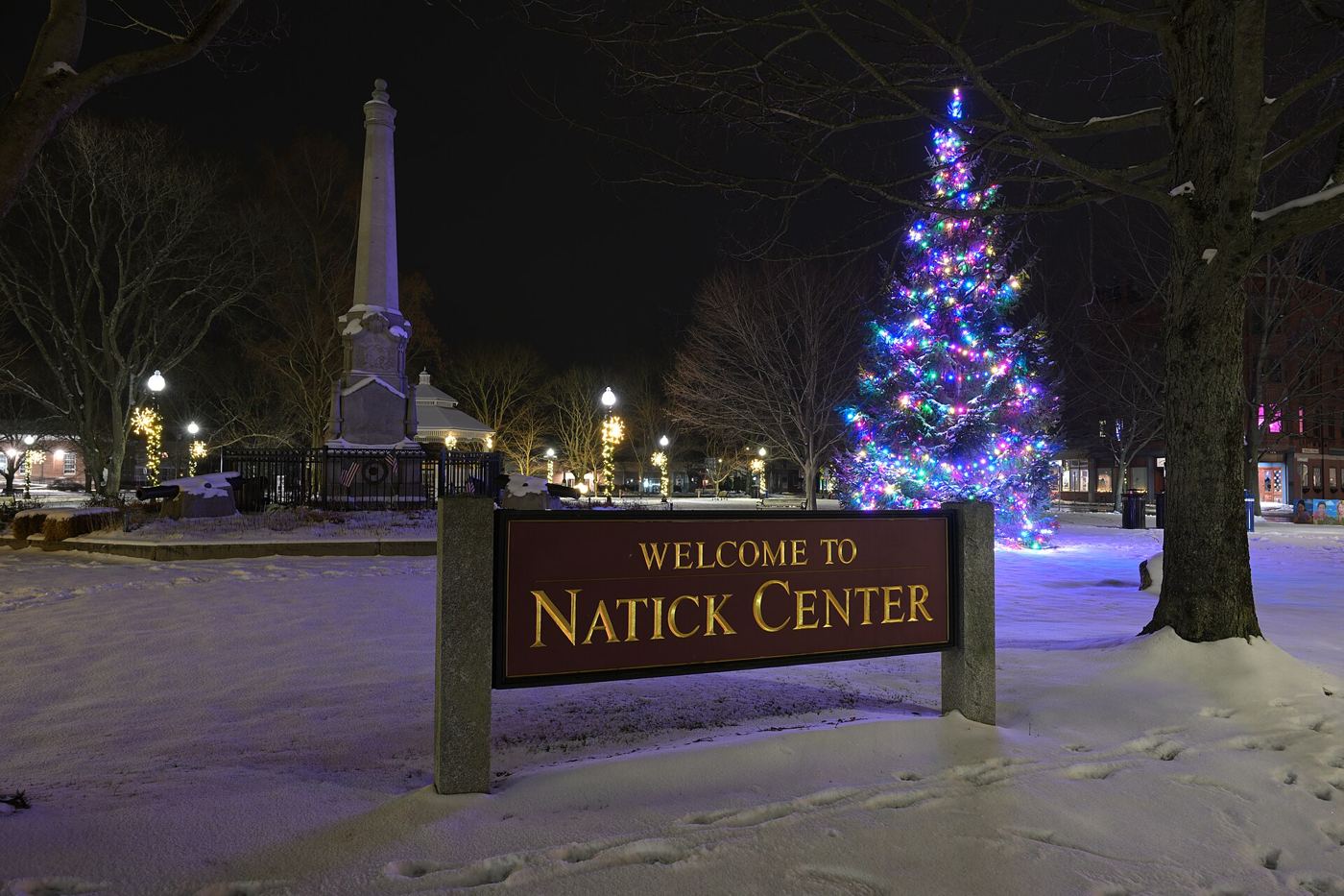 Natick Common at night, Massachusetts